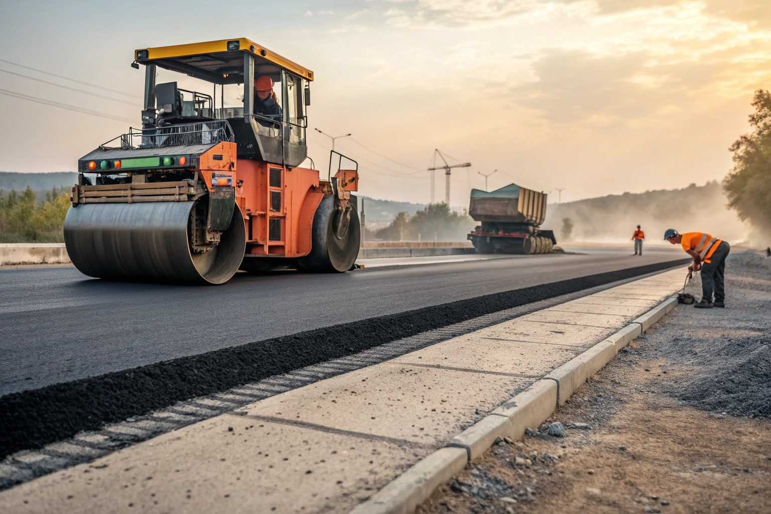 Premium road construction site showing heavy machinery and newly paved asphalt
