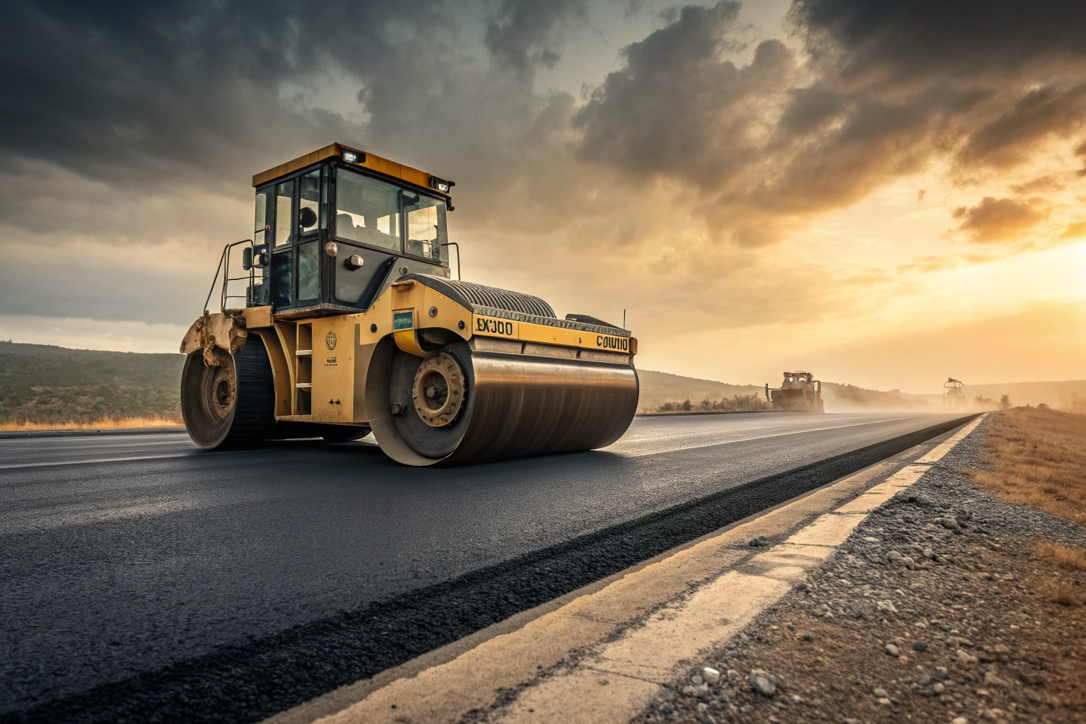 Heavy duty asphalt paving machine applying hot bitumen mixture on road construction project